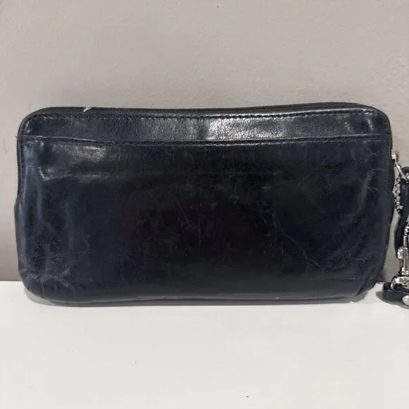 Coach Wristlet Black Leather Wallet Double Zip Striped Legacy Satin Lining 8x4 - Picture 2 of 16